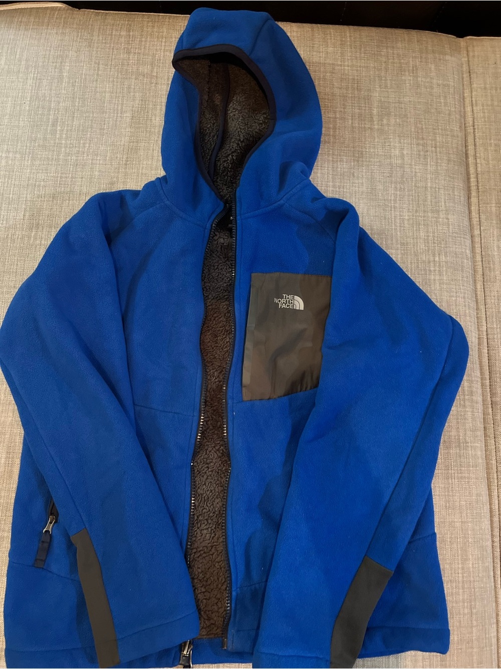 Boys The North Face Blue with Gray Blocks Fleece Zip with Zip Pockets Hoodie L